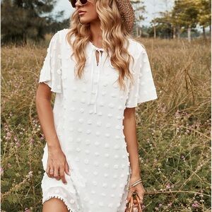 White Textured Dress Flutter sleeves